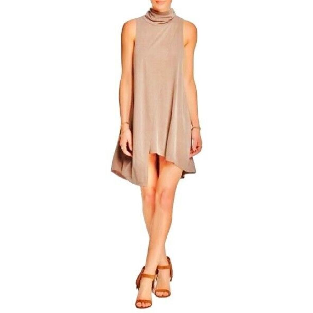 Hyfve Soft Cream Mock Neck Sleeveless Rib Knit Faux Asymmetrical Back Zip Dress